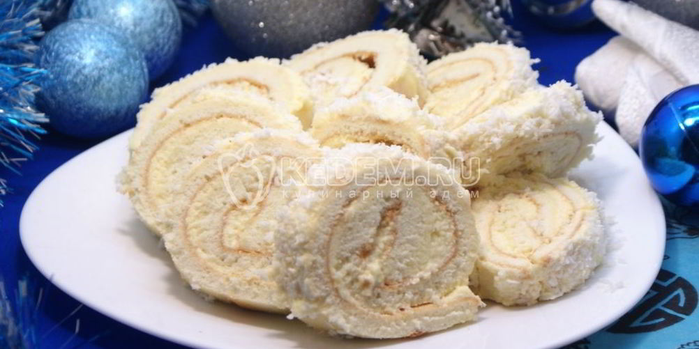 Рецепт бисквитного рулета с кремома и кокосового стружкого