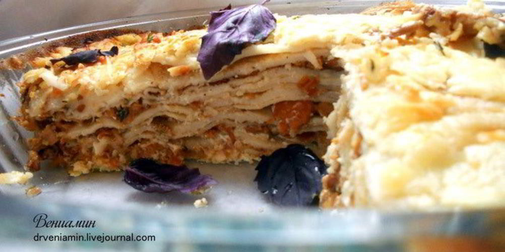 Рецепт блинная лазанья с лисичками и творожным кремом