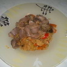 Рецепт Рис с соевым соусом и сладким перцем и индюшачьи желудочки с чили перцем и имбирем