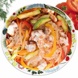 Крахмальная лапша с куриным филе и цукини