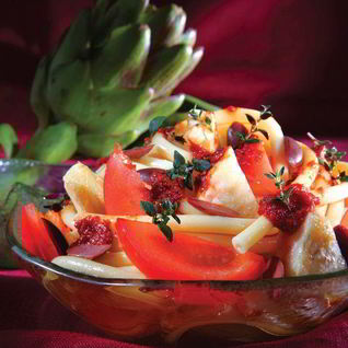 Макароны с артишоками, оливками и запеченными томатами