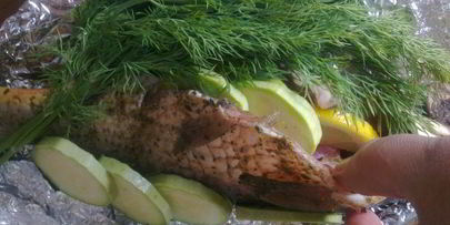 запеченые карпики с зеленью и кабачками