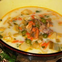 Рецепт Сливочный суп из морепродуктов с горошком