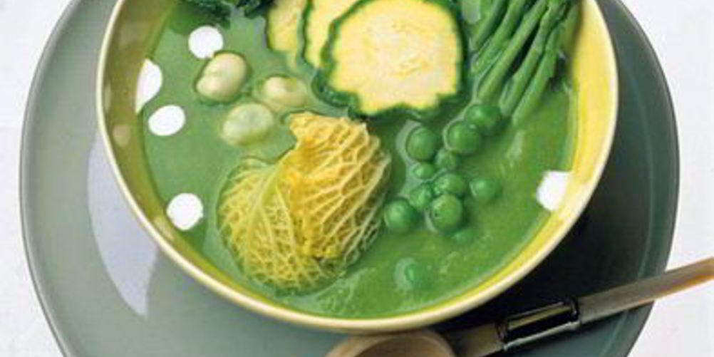 Рецепт суп из зеленой спаржи и горошка с хрустящими мини-овощами