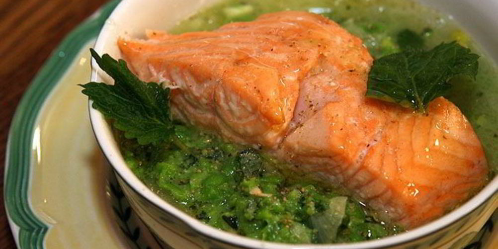 Рецепт семга с супом-пюре из зеленого горошка