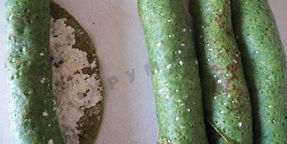 блины со шпинатом с начинкой из сыра, чеснока и орехов