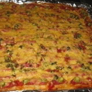 Пицца на кефирном тесте с сосисками и шампиньонами