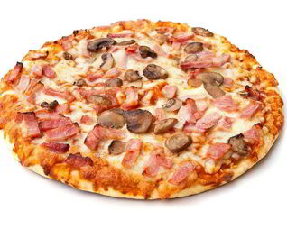 Пицца с грибами, колбасой и сыром