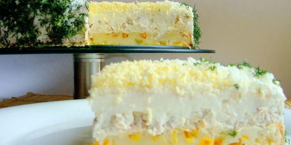 Рецепт закусочный сырно-сливочный торт с курицей