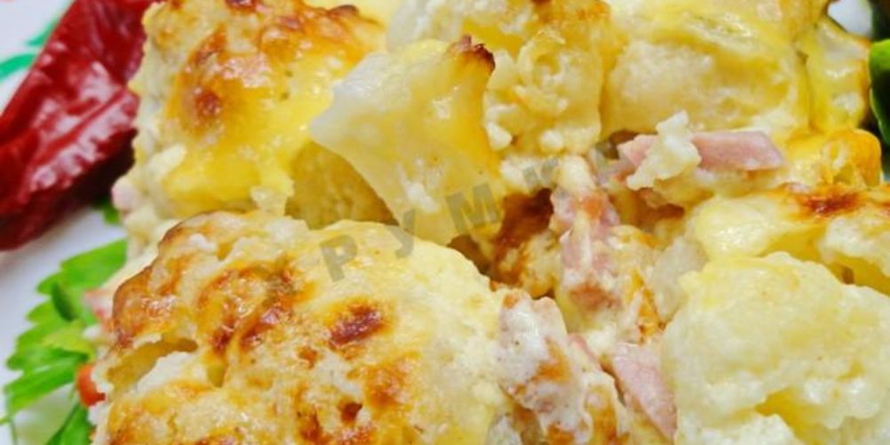 Рецепт нежная запеканка из цветной капусты в духовке с сосисками