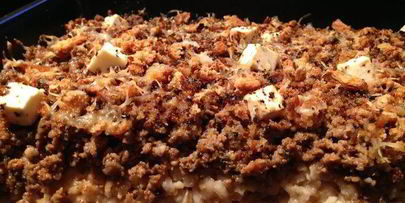 запеканка из полбы под сливками с соусом болоньезе