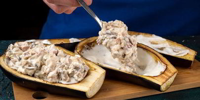 лодочки из баклажанов с ветчиной и грибами